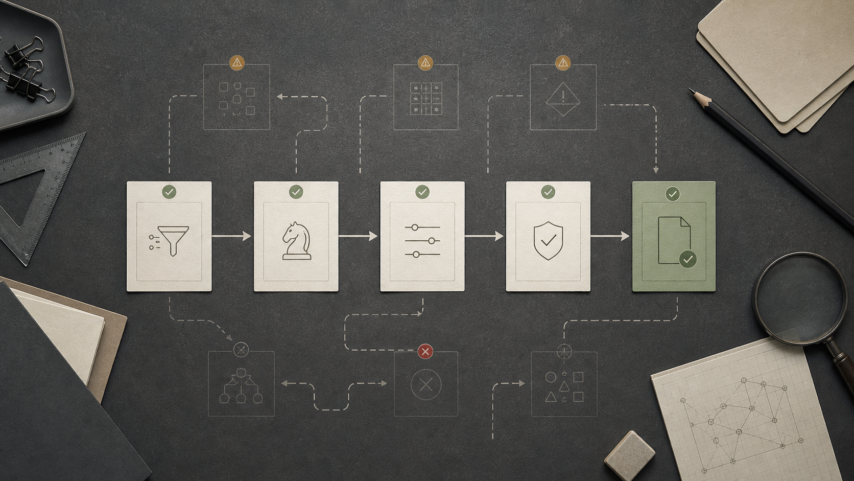 Abstract visualization of a bounded AI agent moving through a constrained route of decision modules.