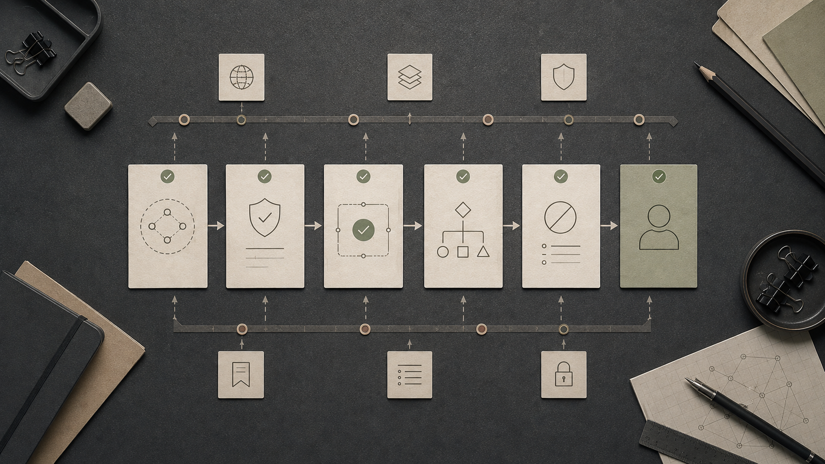 Um fluxo modular de agentes com limites claros, montado com cartões separados para contratos, verificações, registros e liberação humana.