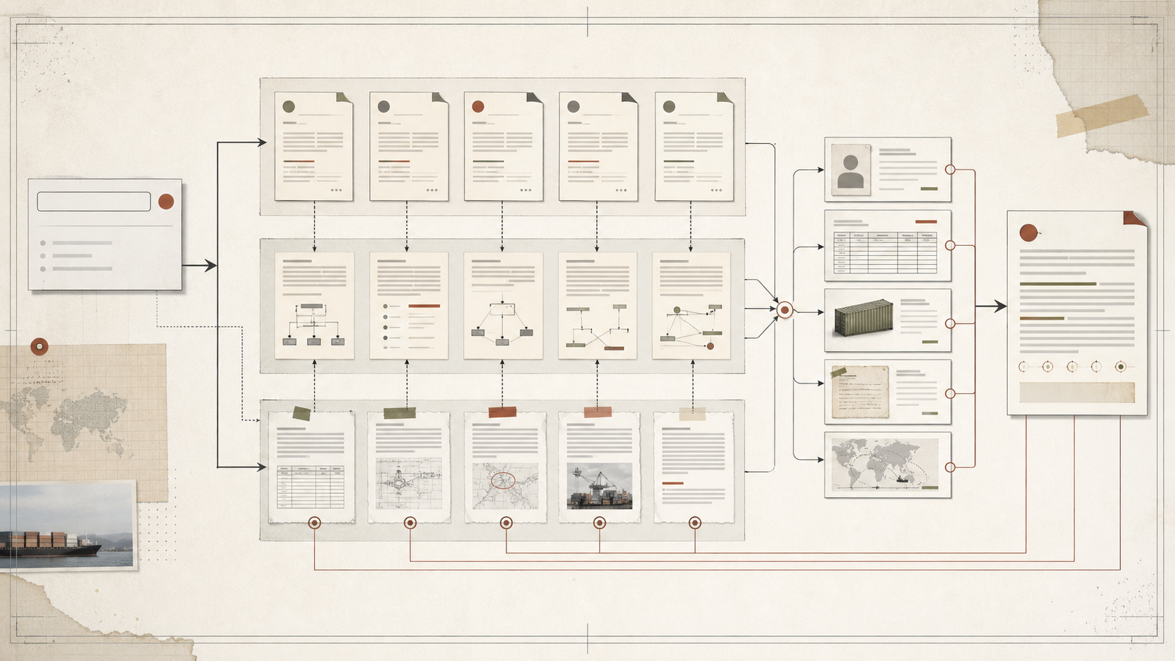 A layered corporate knowledge system connecting document records, summaries, source fragments, client data, an invoice and live shipment status.