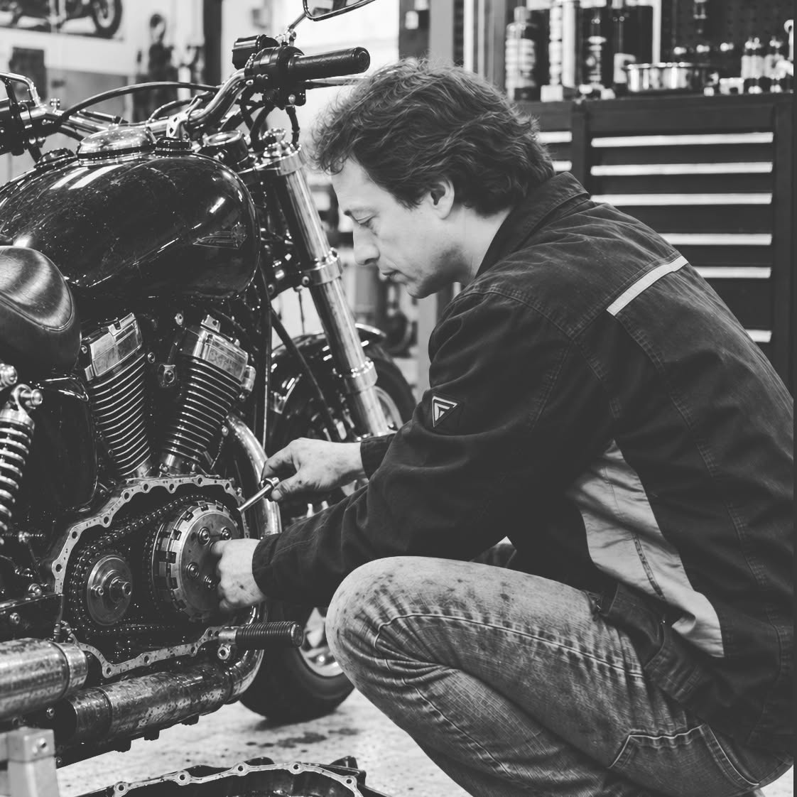 Fotografia em preto e branco de Denis Ostapenko trabalhando em uma moto na oficina.